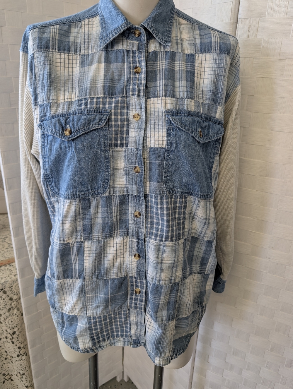 Vintage Blue Patchwork Denim Two Tone  Plaid  Button-Up Cottagecore Shirt M